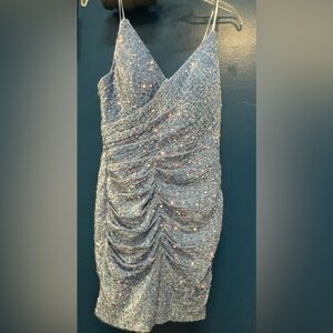 Baby blue cocktail beaded dress. Little stretch, side-zipper